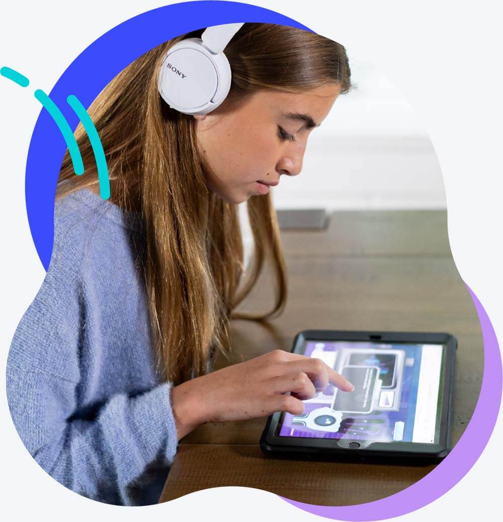 teen girl with headset playing a Lexercise game on an ipad 