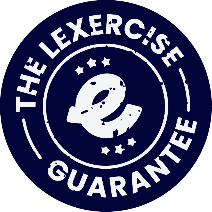 e in a circle surrounded by text looping around the circle that reads "The Lexercise Guarantee"