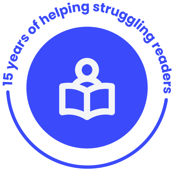 Graphic of person reading with text over graphic that says "15 years of helping struggling readers"